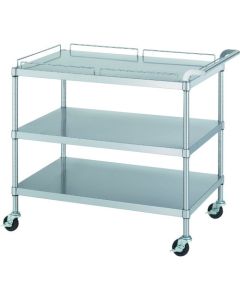 รถเข็นสแตนเลส (SUS304 พร้อมแผ่นป้องกัน) แบบ 3 ชั้น แผ่นป้องกัน: เฉพาะแผ่นบนสุด ล้อไนลอนนำไฟฟ้าขนาด φ75 มม. ขนาด 600 x 450 x 800 มม.