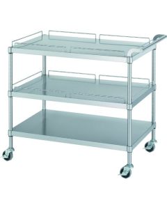 รถเข็นสแตนเลส (SUS430 พร้อมที่กั้น) แบบ 3 ชั้น มีที่กั้นสำหรับ 2 ชั้น ล้อยูรีเทนขนาดเส้นผ่านศูนย์กลาง 75 มม. ขนาด 900 x 600 x 800 มม.