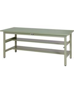 โต๊ะทำงานน้ำหนักเบา ซีรีส์ 300 แบบติดตั้งถาวร พร้อมชั้นวางตรงกลางและชั้นวางครึ่งแผ่น หน้าโต๊ะทำจากเหล็ก ขนาด กว้าง 1800 x 750 x สูง 740 มม. สีเขียว Yamatec