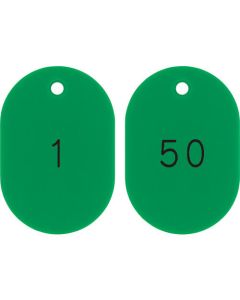 ป้ายพิมพ์วงรี หมายเลข 1-50/บัตรรูปไข่ สีเขียว หมายเลขต่อเนื่อง 604-G (1-50) 60 x 40 มม. 50 แผ่น