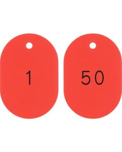 ป้ายตัวเลขวงรี 1-50/บัตรวงรีสีแดงหมายเลขต่อเนื่อง 604-R (1-50) 60 x 40 มม. 50 แผ่น