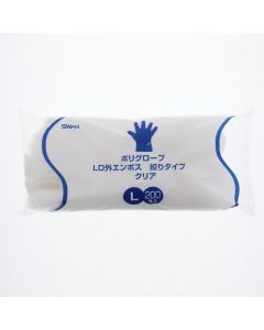 ถุงมือโพลีเอสเตอร์ LD ลายนูนด้านนอก จำนวน 200 ชิ้น แบบผูกเชือก สีใส ขนาด L