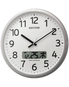 Rhythm radio wave wall clock สูงสุด 24 ครั้ง/วัน โปรแกรมการตีระฆังพร้อมปฏิทินสีเงิน φ350x55