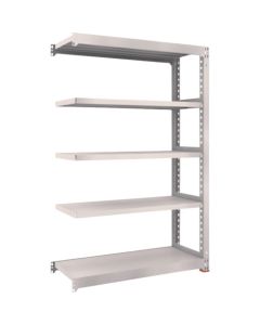 ชั้นวางเหล็ก รุ่น M5 สำหรับงานปานกลาง ขนาด 1200 x 471 x สูง 1800 มม. 5 ชั้น แบบเชื่อมต่อกัน พร้อมฐานเรซินกันสั่นสะเทือน สีเทานีโอ