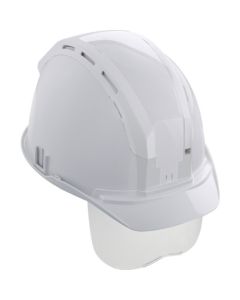 หมวกนิรภัย (พร้อมร่องสำหรับยึดอุปกรณ์เพื่อความปลอดภัย) สีขาว พร้อมกระบังหน้า