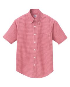 เสื้อเชิ้ตแขนสั้นลายตารางหมากรุก (unisex) สีแดง LL