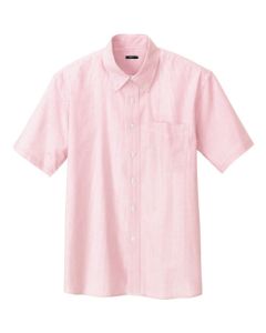 เสื้อเชิ้ตแขนสั้นผู้ชาย กระดุมหน้าวัว แถบชมพู LL