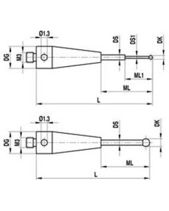 M3 Ø2 mm ruby ball, tungsten carbide stem, L 30 mm, ML 21 mm, for Zeiss applications