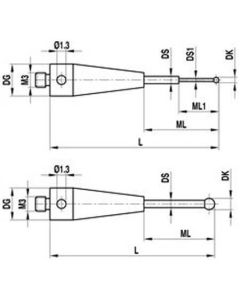 M3 Ø1 mm ruby ball, tungsten carbide stem, L 14 mm, ML 5 mm, for Zeiss applications