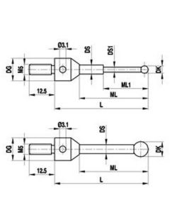 M5 stylus for star configuration, Ø2 mm ruby ball, tungsten carbide stem, ML 24.5 mm, for Zeiss applications