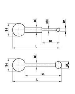M5 stylus for swivelling configurations, Ø 2 mm ruby ball, tungsten carbide stem, L 28.5 mm, ML 24.5 mm, for Zeiss applications