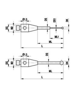 M2 Ø5 mm ruby ball, tungsten carbide stem, L 22.5 mm, ML 16.5 mm, for Zeiss applications