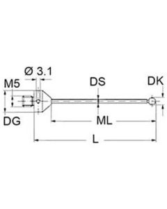 M5 Ø2 mm ruby ball, tungsten carbide stem, L 20 mm, ML 10 mm, for Zeiss applications
