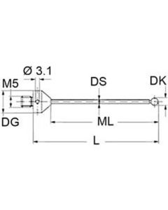 M5 Ø1 mm ruby ball, tungsten carbide stem, L 20 mm, ML 10 mm, for Zeiss applications