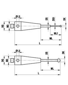 M3 Ø2 mm ruby ball, tungsten carbide stem, L 40 mm, ML 34 mm, for Zeiss applications