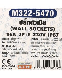 IP67 ปลั๊ก-เมียติดผนัง 2P+E 16A-6H 230V