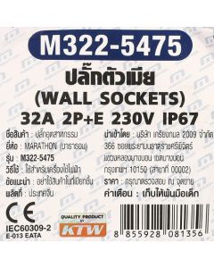 IP67 ปลั๊ก-เมียติดผนัง 2P+E 32A-6H 230V