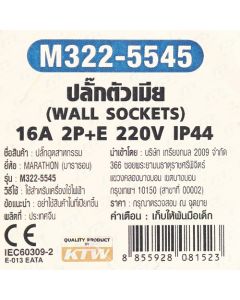 IP44 ปลั๊กตัวเมียติดผนัง 16A 2P+E 220V