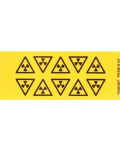 สัญลักษณ์เตือน ISO คำเตือนความกว้างสามเหลี่ยม 25.4 มม. - ความเสี่ยงของการปนเปื้อนกัมมันตภาพรังสี ดำ/เหลือง 10 เครื่องหมาย/การ์ด 10 ใบ/บรรจุภัณฑ์ PESW-B-6Y