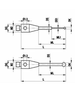 M2 Ø0.3 mm ruby ball, tungsten carbide stem, L 18 mm, ML1/ML 2.3/13.5 mm, for Zeiss applications