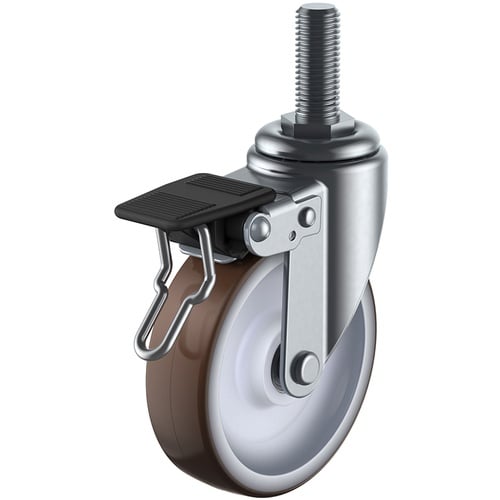 แบบสกรู ลูกล้อหมุน ยูรีเทน เส้นผ่านศูนย์กลางล้อ 100 มม. พร้อมตัวหยุด แบบ S แบบพิเศษ ST-SW ขนาดเกลียว M16 x 40 ระยะพิทช์ 2