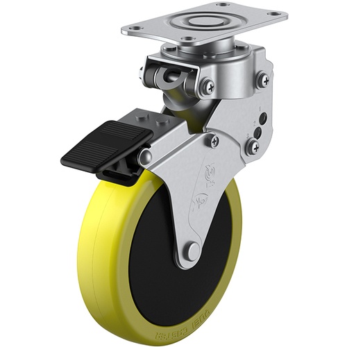 ล้อชนิดจานหมุนมีเบาะรอง ยูรีเทนป้องกันไฟฟ้าสถิตย์ เส้นผ่านศูนย์กลางล้อ 125 มม. พร้อมตัวหยุด ประเภท SKY ประเภท SKY-S-S ขนาดการติดตั้ง 82 x 40