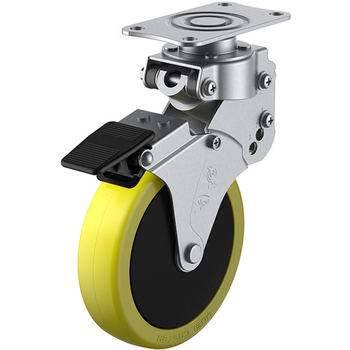 ล้อชนิดจานหมุนมีเบาะรอง ยูรีเทนป้องกันไฟฟ้าสถิตย์ เส้นผ่านศูนย์กลางล้อ 125 มม. พร้อมตัวหยุด ประเภท SKY ประเภท SKY-S-S ขนาดการติดตั้ง 82 x 40