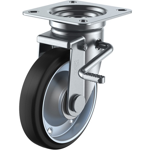 ลูกล้อหมุนแบบแผ่น ยางนำไฟฟ้า เส้นผ่านศูนย์กลางล้อ 100 มม. พร้อมตัวหยุด ประเภท J ประเภท JB(R) ขนาดการติดตั้ง 74 x 74 (67 x 67)