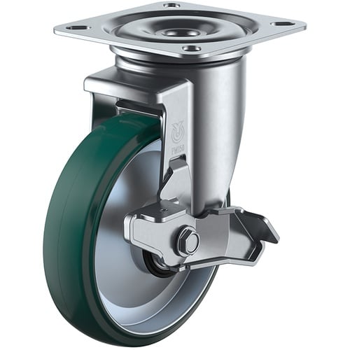 ลูกล้อหมุนแบบแผ่น ยูรีเทน เส้นผ่านศูนย์กลางล้อ 150 มม. พร้อมตัวหยุด ชนิด PM รุ่น PMS-DS (E46) ขนาดการติดตั้ง 94 x 94 (87 x 87)