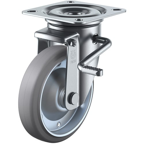 ลูกล้อหมุนแบบแผ่น ยางสีเทา เส้นผ่านศูนย์กลางล้อ 200 มม. พร้อมตัวหยุด ชนิด PM PMS-LB(R) ขนาดการติดตั้ง 120 x 120 (105 x 105)