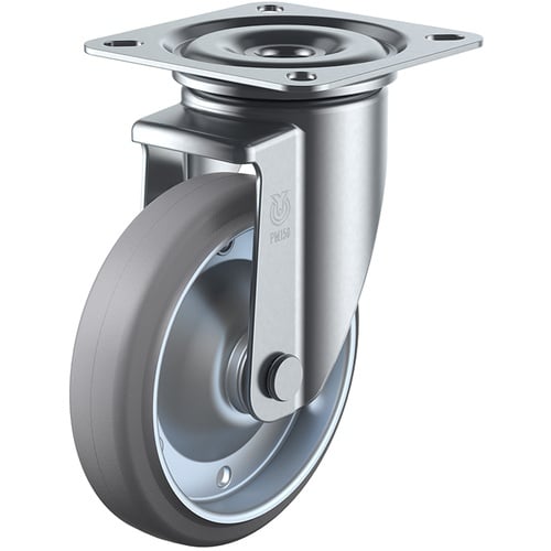 ลูกล้อหมุนแบบจาน ยางสีเทา เส้นผ่านศูนย์กลางล้อ 200 มม. แบบ PM แบบ PMS ขนาดการติดตั้ง 120 x 120 (105 x 105)