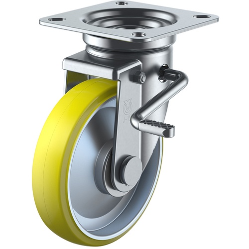 ลูกล้อหมุนแบบจาน ยูรีเทนป้องกันไฟฟ้าสถิตย์ เส้นผ่านศูนย์กลางล้อ 200 มม. พร้อมตัวหยุด ประเภท J ประเภท JB(R) ขนาดการติดตั้ง 115 x 115 (105 x 105)