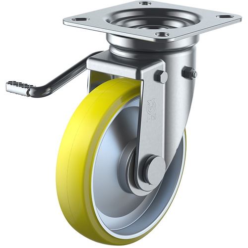 ลูกล้อหมุนแบบจาน ยูรีเทนป้องกันไฟฟ้าสถิตย์ เส้นผ่านศูนย์กลางล้อ 200 มม. พร้อมตัวหยุด แบบ J แบบ JB (L) ขนาดการติดตั้ง 115 x 115 (105 x 105)