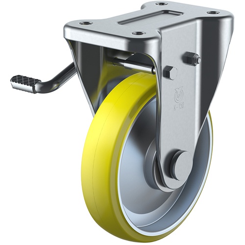 ล้อเลื่อนแบบจานคงที่ ยูรีเทนป้องกันไฟฟ้าสถิตย์ เส้นผ่านศูนย์กลางล้อ 150 มม. พร้อมตัวหยุด ประเภท J ประเภท KB (L) ขนาดการติดตั้ง 100 x 56