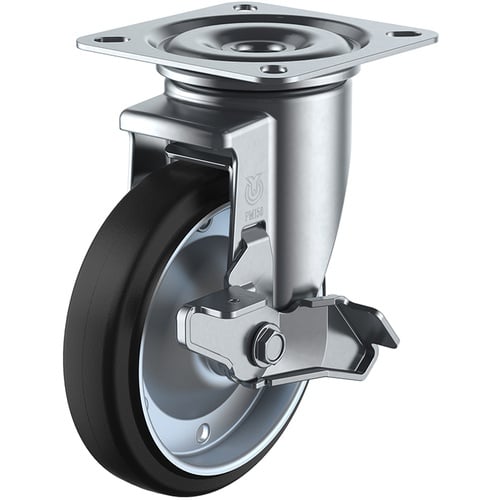 ลูกล้อหมุนแบบจาน ยาง เส้นผ่านศูนย์กลางล้อ 150 มม. พร้อมตัวหยุด ชนิด PM รุ่น PMS-DS (E46) ขนาดการติดตั้ง 94 x 94 (87 x 87)