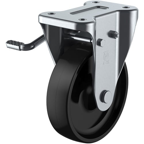 ล้อเลื่อนแบบจานคงที่ ฟีนอลิก เส้นผ่านศูนย์กลางล้อ 150 มม. พร้อมตัวหยุด แบบ J แบบ KB (L) ขนาดการติดตั้ง 100 x 56