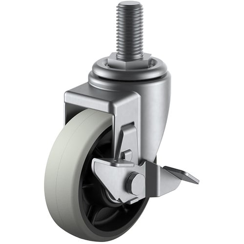 ล้อหมุนสแตนเลสชนิดสกรูเกลียวใน ยูรีเทน เส้นผ่านศูนย์กลางล้อ 100 มม. พร้อมตัวหยุด ประเภท J ประเภท SUS-SJT-S ขนาดเกลียว M16 x 40 ระยะพิทช์ 2