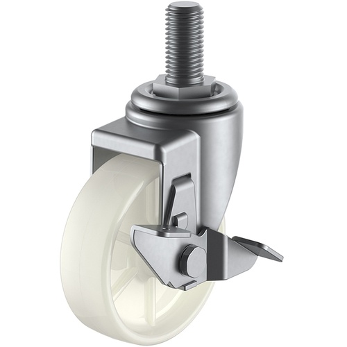 ประเภทสกรู ลูกล้อหมุนสแตนเลส ไนลอน เส้นผ่านศูนย์กลางล้อ 100 มม. พร้อมตัวหยุด ประเภท J ประเภท SUS-SJT-S ขนาดเกลียว M16 x 40 ระยะพิทช์ 2