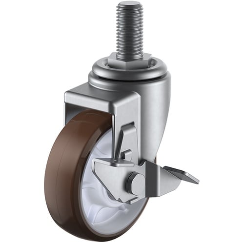 ล้อหมุนสแตนเลสชนิดสกรูเกลียวใน ยูรีเทน เส้นผ่านศูนย์กลางล้อ 100 มม. พร้อมตัวหยุด ประเภท J ประเภท SUS-SJT-S ขนาดเกลียว M16 x 40 ระยะพิทช์ 2