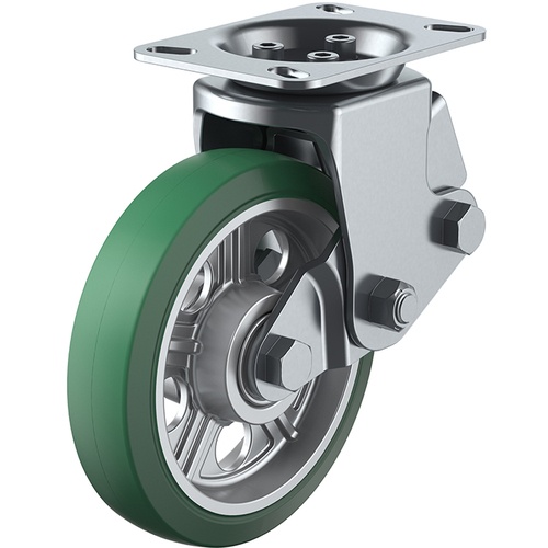 ล้อชนิดจาน คงที่ ล้อยางสีเขียวทนทานต่อการสึกหรอ เส้นผ่านศูนย์กลางล้อ 200 มม. ประเภท SKY, SKY-2R ขนาดการติดตั้ง 112 x 63 (140 x 50)