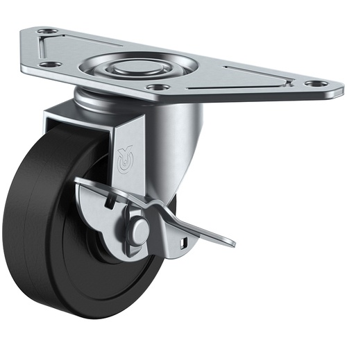 ลูกล้อหมุนแบบจาน ยาง เส้นผ่านศูนย์กลางล้อ 100 มม. พร้อมตัวหยุด แบบ S SGC-S ขนาดการติดตั้ง 139 x 55 x 42