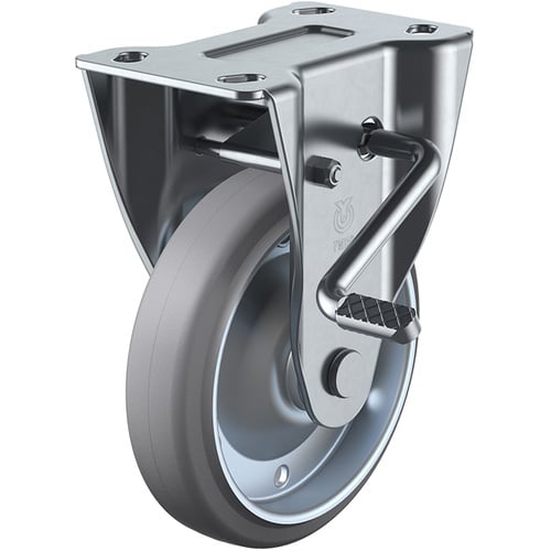 ล้อเลื่อนชนิดจานตายตัว ยางสีเทา เส้นผ่านศูนย์กลางล้อ 150 มม. พร้อมตัวหยุด ชนิด PM PMR-LB(R) ขนาดการติดตั้ง 112 x 50 (100 x 56)