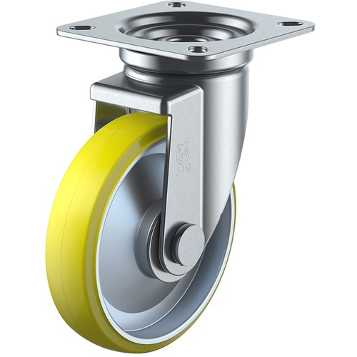 ลูกล้อหมุนแบบจาน ยูรีเทนป้องกันไฟฟ้าสถิตย์ เส้นผ่านศูนย์กลางล้อ 200 มม. แบบ J ขนาดการติดตั้ง 115 x 115 (105 x 105)