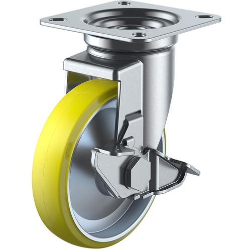 ล้อแบบจานหมุน ยูรีเทนป้องกันไฟฟ้าสถิตย์ เส้นผ่านศูนย์กลางล้อ 100 มม. พร้อมตัวหยุด แบบ J แบบ J-S ขนาดการติดตั้ง 74 x 74 (67 x 67)