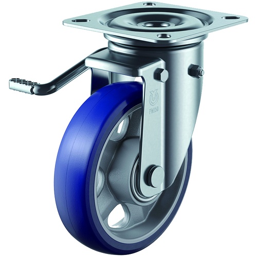 ลูกล้อหมุนแบบจาน ยูรีเทนคุณภาพพรีเมียม เส้นผ่านศูนย์กลางล้อ 130 มม. พร้อมตัวหยุด ชนิด PM ชนิด PMS-LB(L) ขนาดการติดตั้ง 90 x 90 (80 x 80)