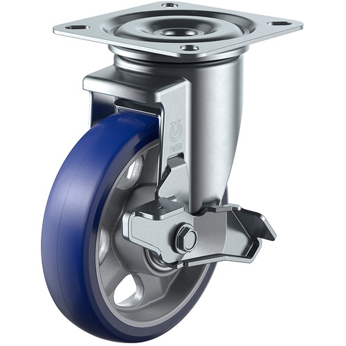 ลูกล้อหมุนแบบจาน ยูรีเทนพรีเมียม เส้นผ่านศูนย์กลางล้อ 150 มม. พร้อมตัวหยุด ชนิด PM รุ่น PMS-DS ขนาดการติดตั้ง 94 x 94 (87 x 87)