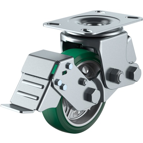 ลูกล้อหมุนแบบจาน ยางสีเขียวทนทานต่อการสึกหรอ เส้นผ่านศูนย์กลางล้อ 150 มม. พร้อมตัวหยุด ประเภท SKY ประเภท SKY-2S-S ขนาดการติดตั้ง 94 x 94 (87 x 87)