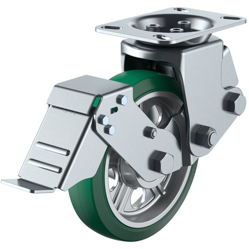 ล้อเลื่อนชนิดจานหมุนตายตัว ยางสีเขียวทนทานต่อการสึกหรอ เส้นผ่านศูนย์กลางล้อ 200 มม. พร้อมตัวหยุด ประเภท SKY รุ่น SKY-2R-S ขนาดการติดตั้ง 112 x 63 (140 x 50)