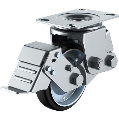 ลูกล้อหมุนแบบจาน ยางทนการสึกหรอ เส้นผ่านศูนย์กลางล้อ 150 มม. พร้อมตัวหยุด ประเภท SKY ประเภท SKY-2S-S ขนาดการติดตั้ง 94 x 94 (87 x 87)