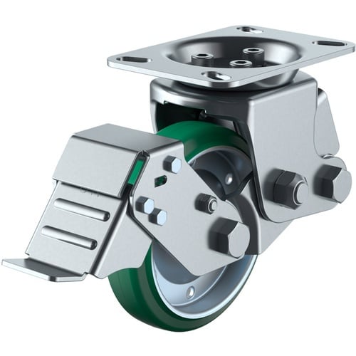 ล้อเลื่อนแบบจานคงที่ ยางสีเขียว เส้นผ่านศูนย์กลางล้อ 150 มม. พร้อมตัวหยุด ประเภท SKY ประเภท SKY-2R-S ขนาดการติดตั้ง 112 x 50 (100 x 56)